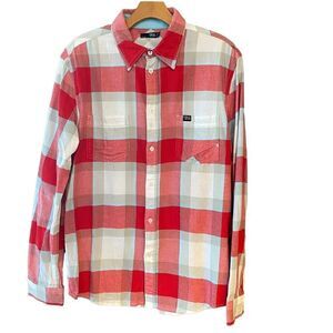 ChloroPhylle Sz S Red Teal Soft Flannel Marley Button Down Collar Pocket Shirt